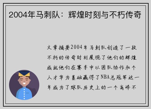 2004年马刺队：辉煌时刻与不朽传奇
