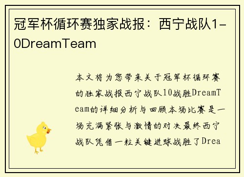 冠军杯循环赛独家战报：西宁战队1-0DreamTeam